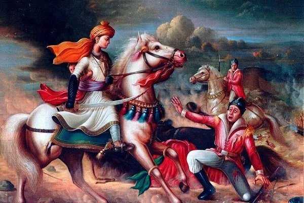 Portrait of Rani Lakshmibai and her Son in the battle field