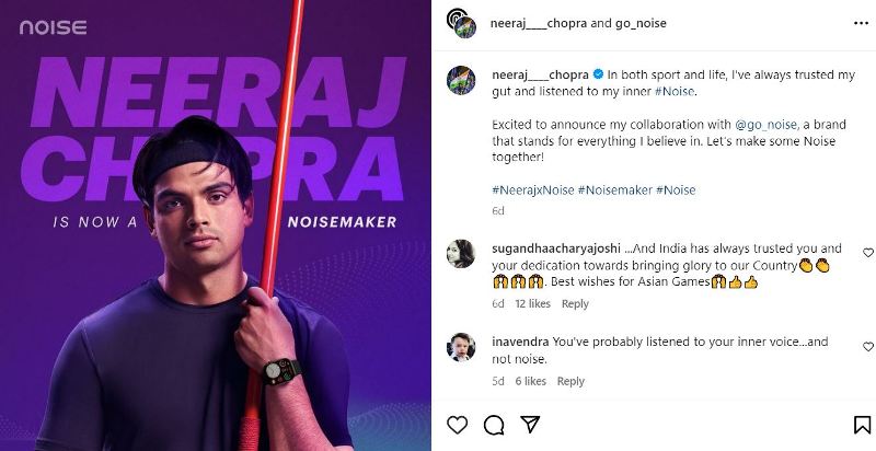 Neeraj Chopra's Instagram post after becoming the brand ambassador for the brand 'Noise' in 2023