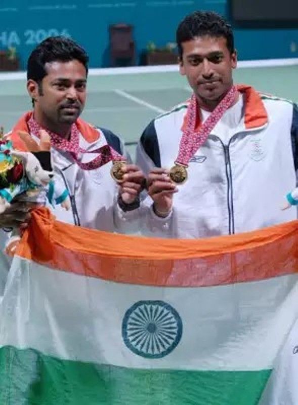 Leander Paes and Mahesh Bhupathi with their gold medals for Men's Doubles at the Doha Asian Games in Doha in 2006