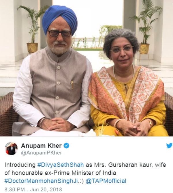 Divya Seth as Mrs. Gursharan Kaur and Anupam Kher as Dr. Manmohan Singh in the film 'The Accidental Prime Minister'