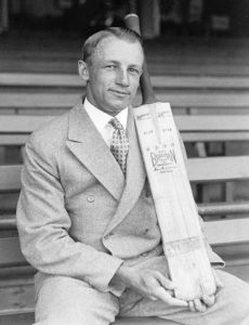 Bradman with his Wm. Sykes bat, in the early 1930s