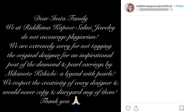 Riddhima Kapoor Apologized for not Tagging the Name of Mikimoto Kokichi in her Post