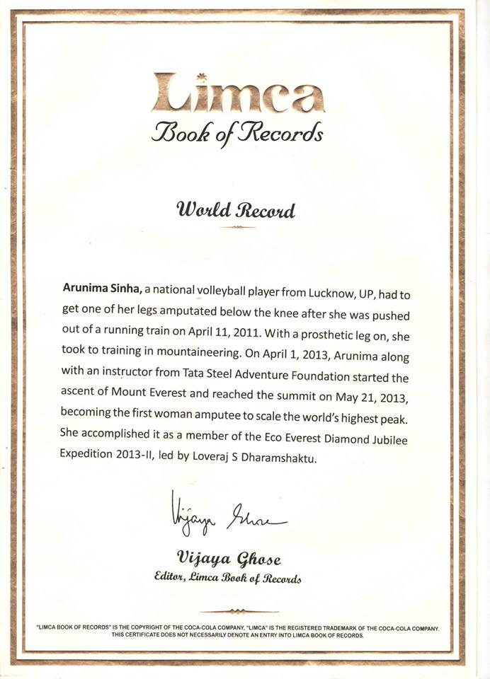 Arunima Sinha Limca Book Of World Record Certificate