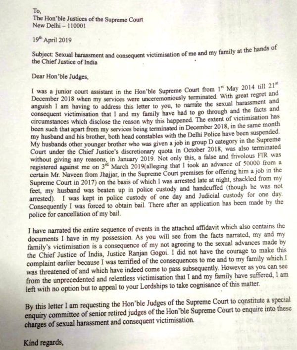 Cover Letter of the Complainant who accused Ranjan Gogoi of sexual harassment