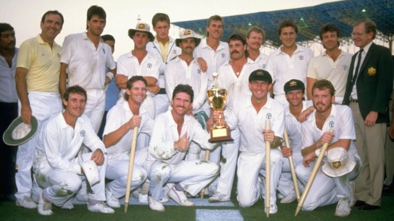 The Australian Squad With The 1987 ICC Cricket World Cup Trophy