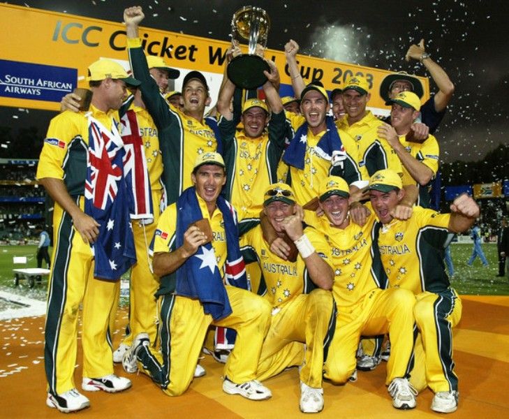 The Australian Squad With The 2003 ICC Cricket World Cup Trophy