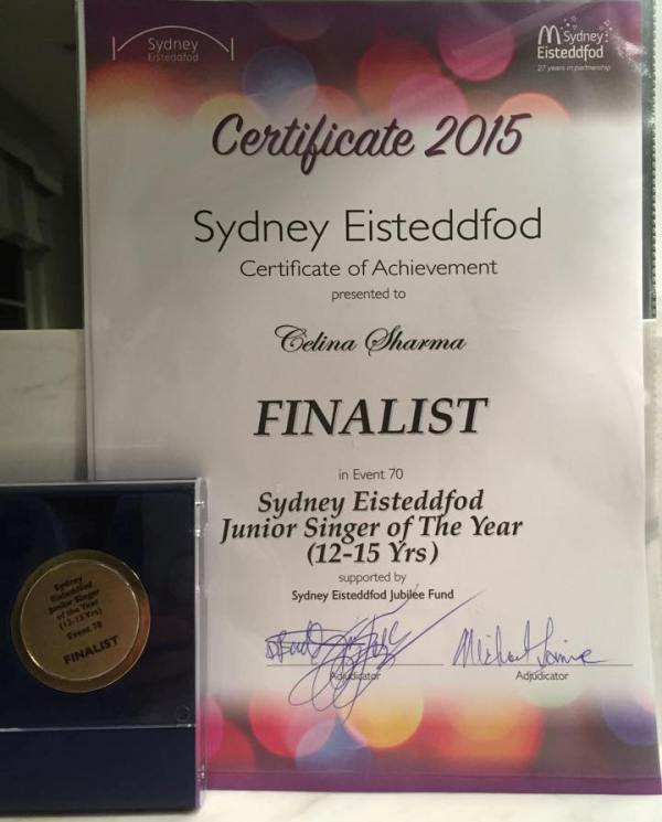 Celina Sharma Certificate of Sydney Eisteddfod-Finalist of the Year