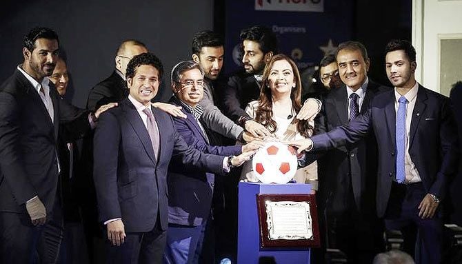 Praful Patel, Nita Ambani, Sachin Tendulkar and Bollywood actors at the inauguration of ISL