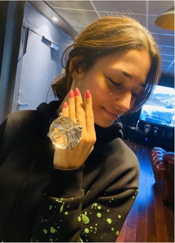 Tamannaah showing her giant crystal ring given by Upasana Kamineni