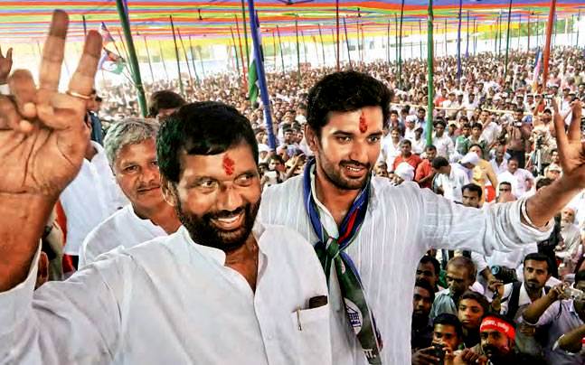 Chirag Paswan with his father Ram Vilas Paswan during his first rally after joining the LJP