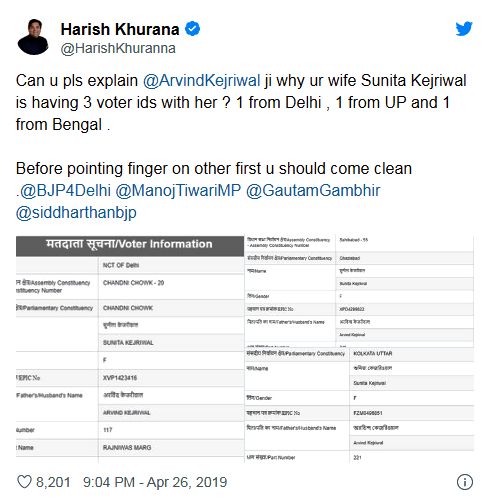 Harish Khurana's about Sunita Kejriwal's multiple voter id