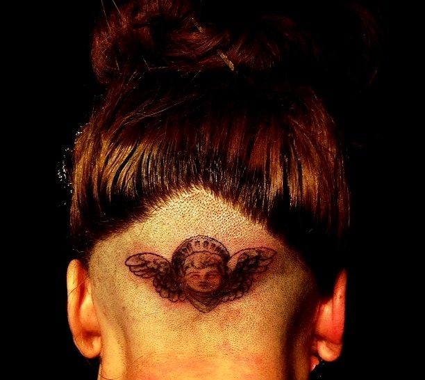 Lady Gaga's Cherub tattoo on the back of her head