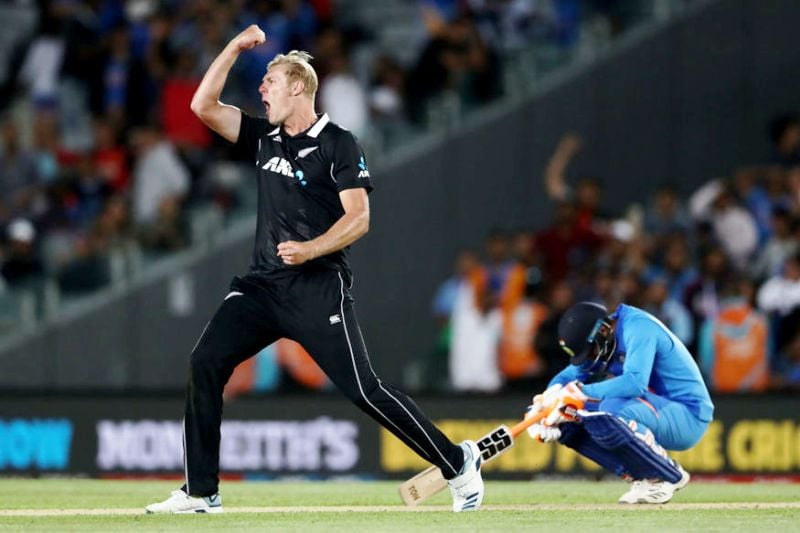 Kyle Jamieson in action during his ODI debut against India