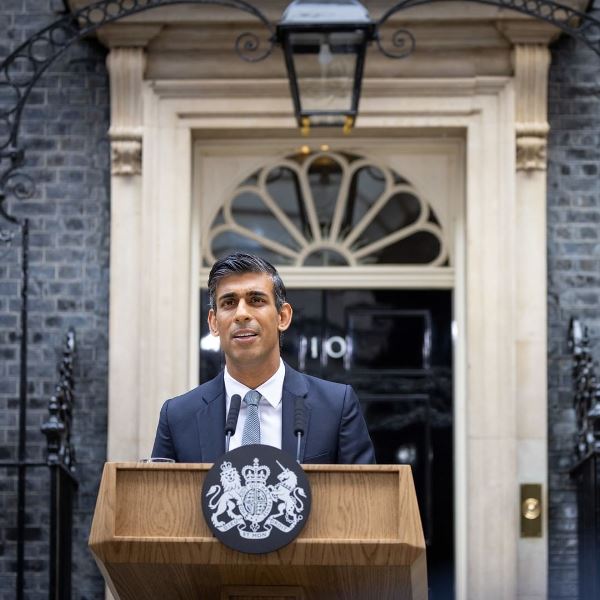 Rishi Sunak giving his first speech as the PM of the UK at 10 Downing Street
