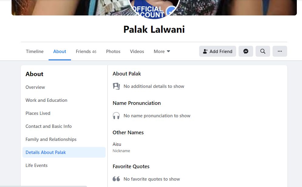 Palak Lalwani's Facebook Profile