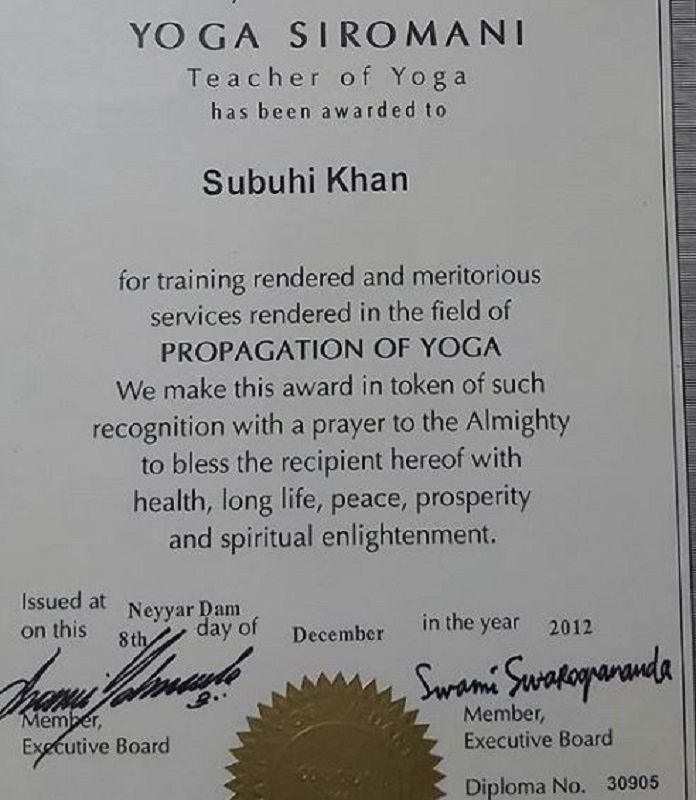 Subuhi Khan's Yoga Certificate