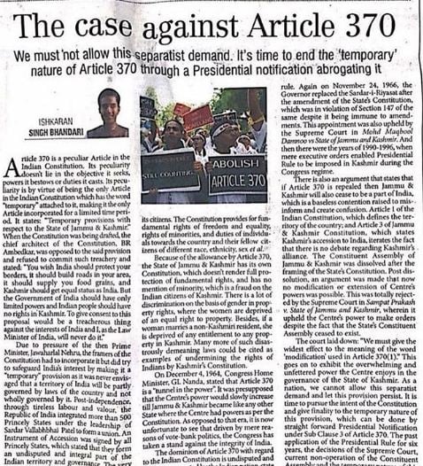An article written by Ishkaran on the Article 370 published in The Pioneer