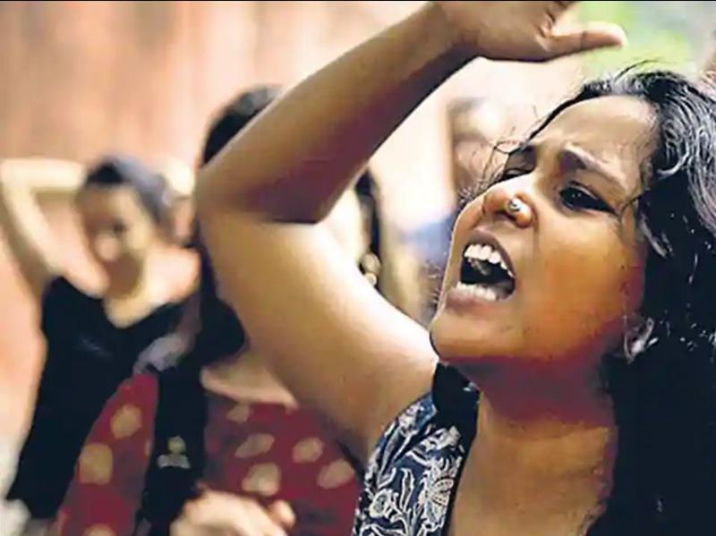 A file photo of Devangana Kalita shouting slogans during an Anti-CAA protest