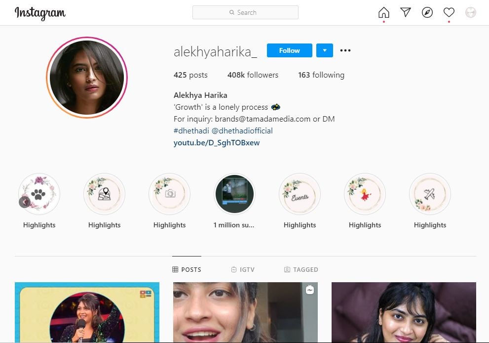 Alekhya Harika's Instagram Profile