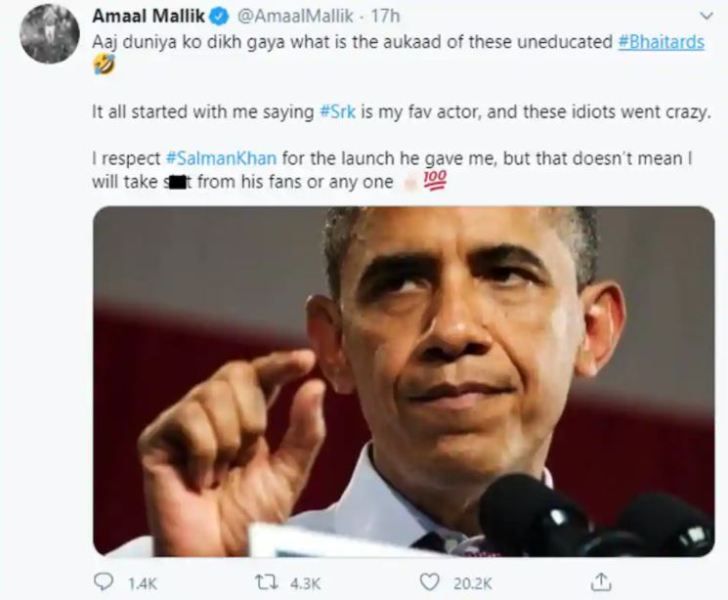 Amaal Mallik's Tweet in which he lashed out at the trollers (so called Salman Khan fans)