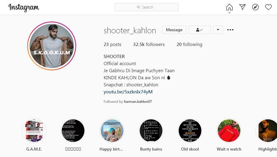 Shooter Kahlon's Instagram Profile