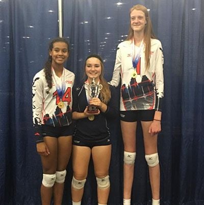 Maci Currin and her Friends Holding their Trophy from 2019 USA Volleyball GJNC