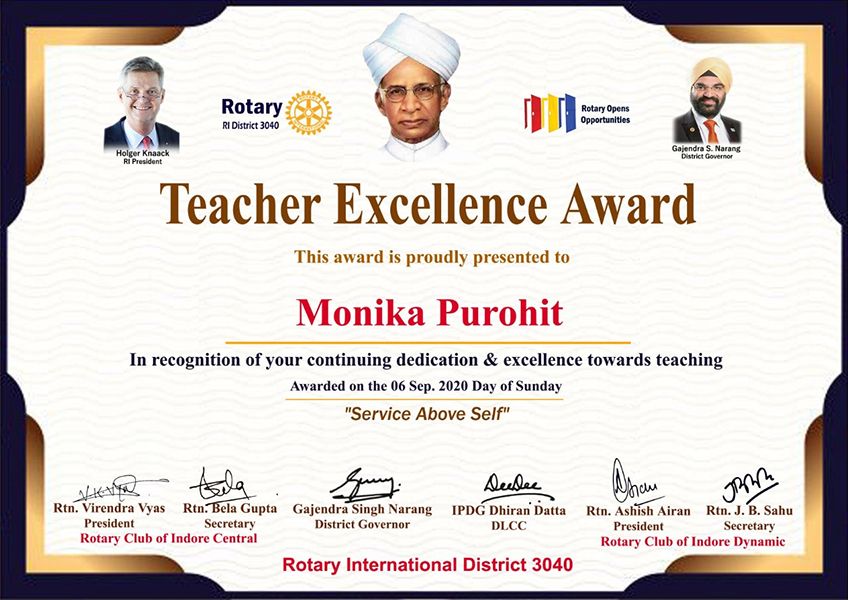Monica Purohit - Rotary District 3040 Teacher Excellence Award