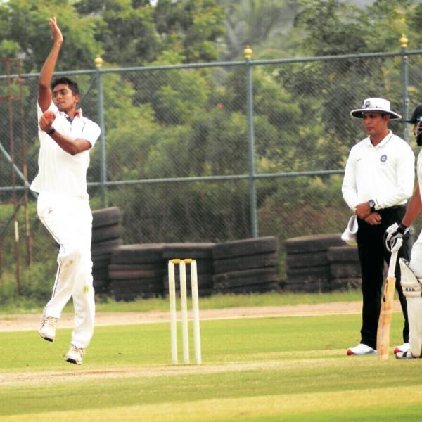 R Sai Kishore bowling during a school tournament test match