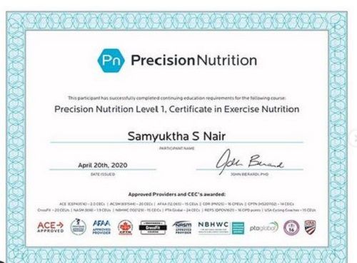 Samyuktha Karthik Certificate of Nutritionist