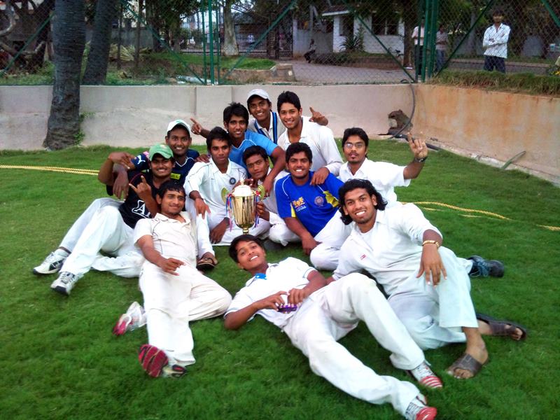 Young Sandeep Bavanaka in a light blue T-shirt with his Hyderabad Under-19 teammates