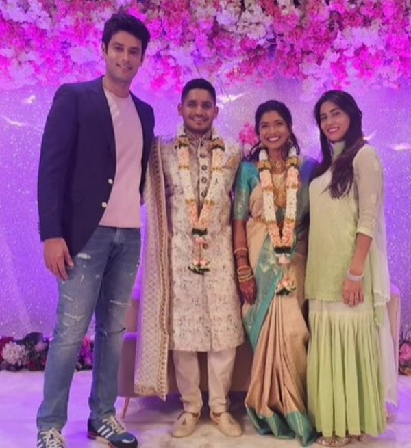 Tushar Deshpande and Nabha Gaddamwar, along with Shivam Dube and Anjum Khan, on their engagement ceremony
