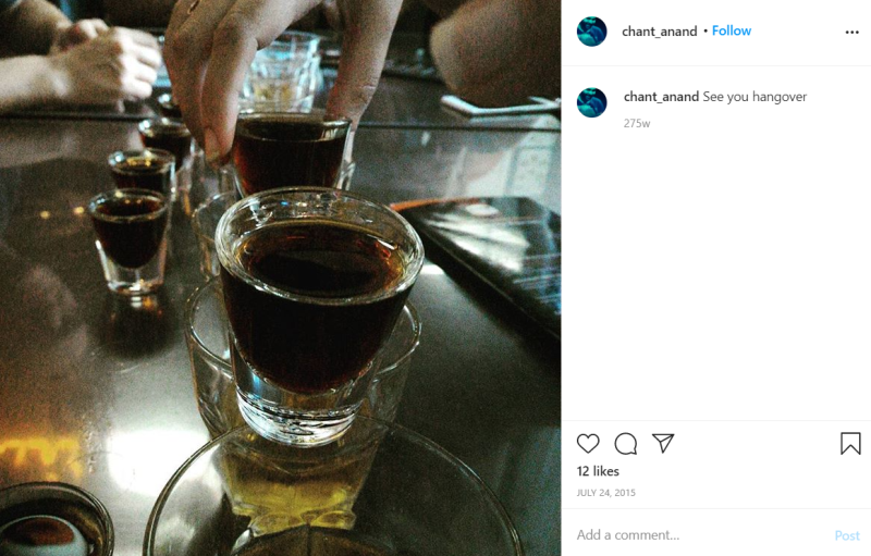 Sumit Anand's Instagram post about consuming achohol