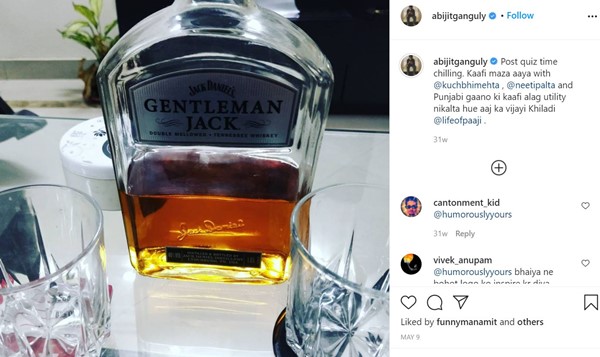 Abijit Ganguly's Instagram post about consuming alcohol