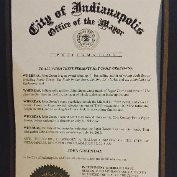 Certificate from the city Indianapolis Mayor proclaiming John Green Day