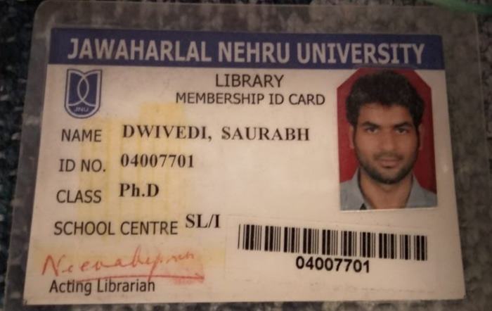 Saurabh Dwivedi's JNU library card