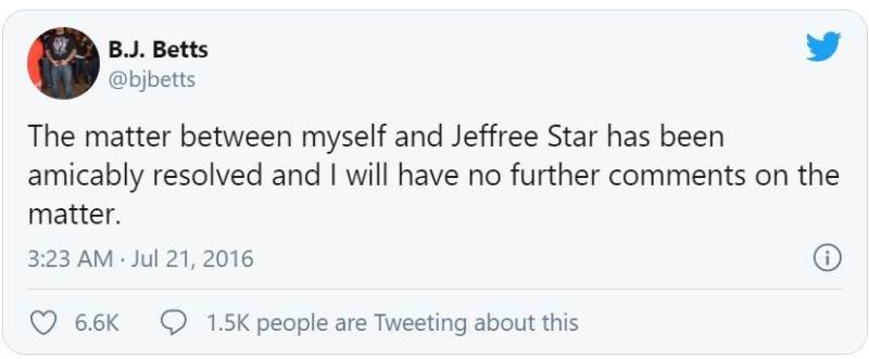 Tweet by B.J Beats on the resolved issue with Jeffree Star