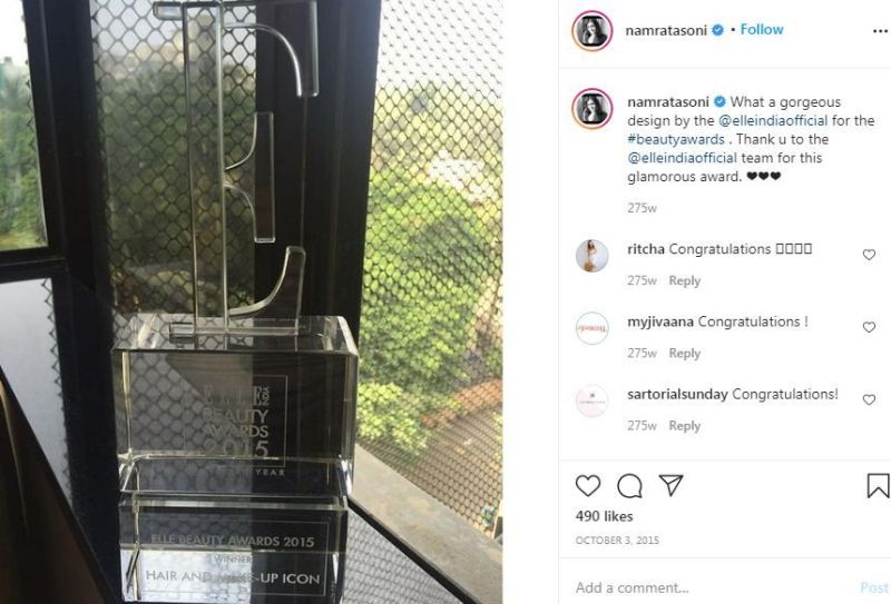An Instagram post by Namrata Soni showing her award