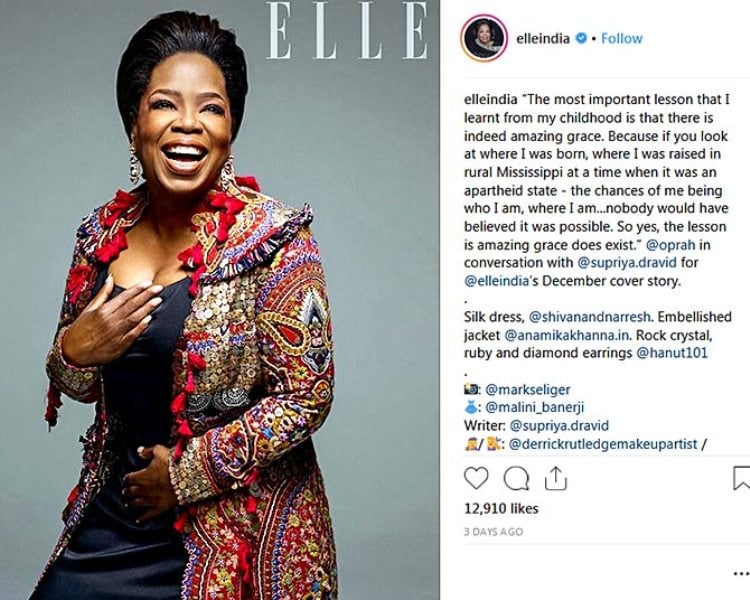 An Instagram post by Oprah Winfrey wearing Anamika Khanna's designed jacket