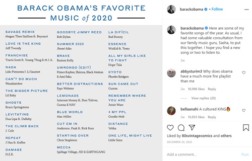 Barack Obama's playlist of his favorite songs of 2020
