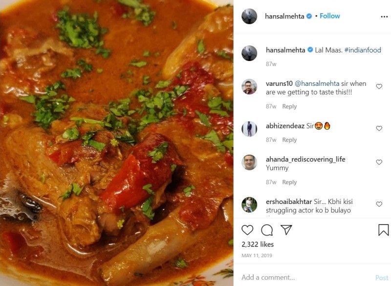 Hansal Mehta's Instagram post about his food preference