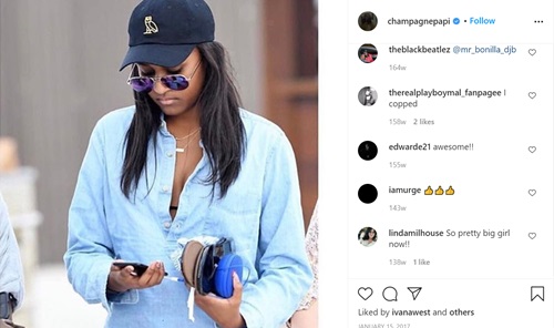 Instagram post of Drake about Sasha Obama wearing a cap of his clothing brand
