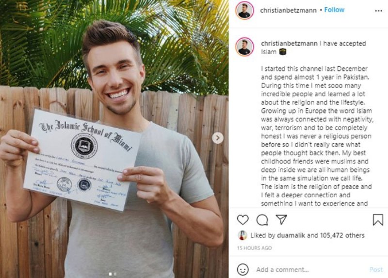 Christian Betzmann's Instagram post about his conversion to Islam
