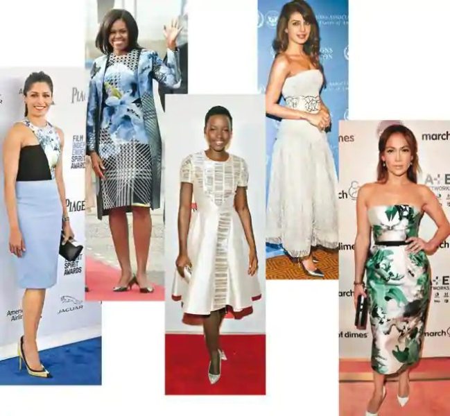 Freida Pinto, Michelle Obama, Lupita Nyong’o, Priyanka Chopra and Jennifer Lopez in Bibhu Mohapatra's designed dresses