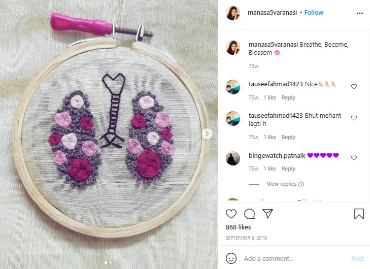 Manasa Varanasi's Instagram post about her embroidery work