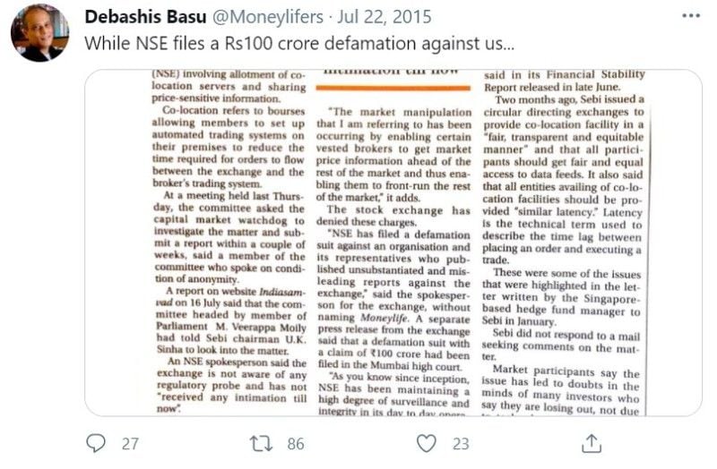 Debashis Basu's tweet about NSE filing the defamation case