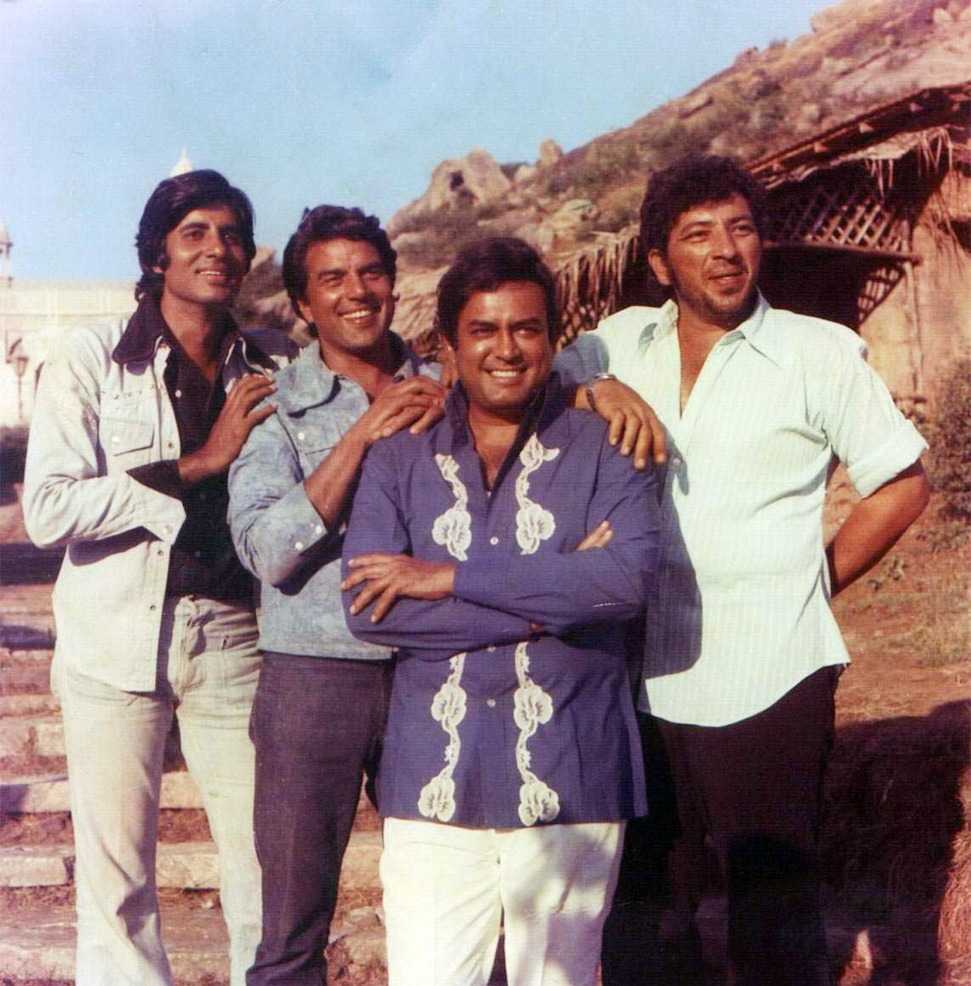 From left to right, Amitabh Bachchan, Dharmendra, Sanjeev Kumar, Amjad Khan