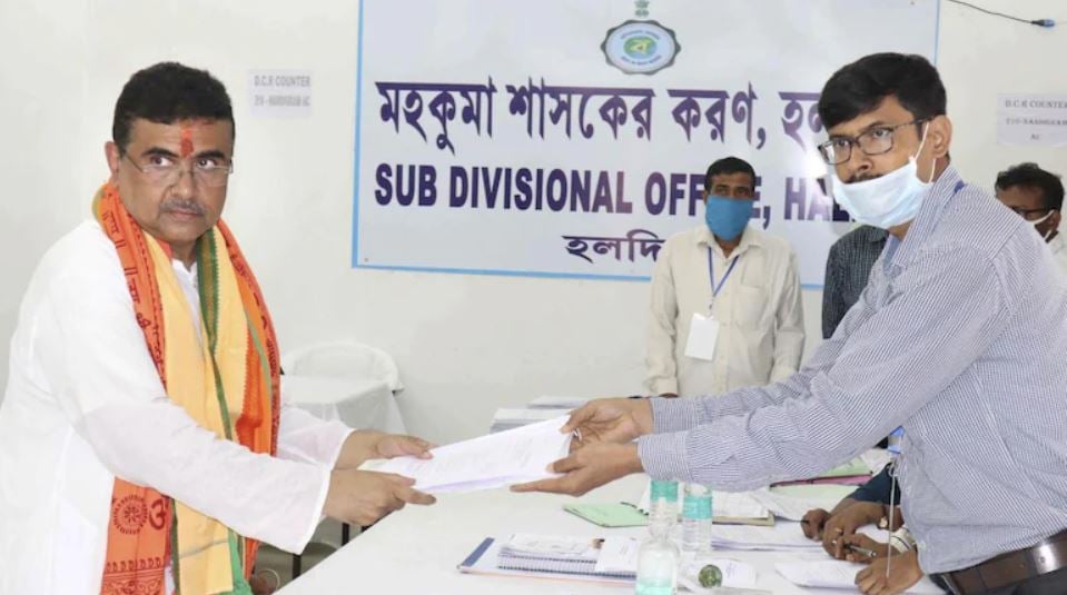 Suvendu Adhikari filing his nomination from the Nandigram constituency , ahead of the 2021 West Bengal Legislative Assembly election