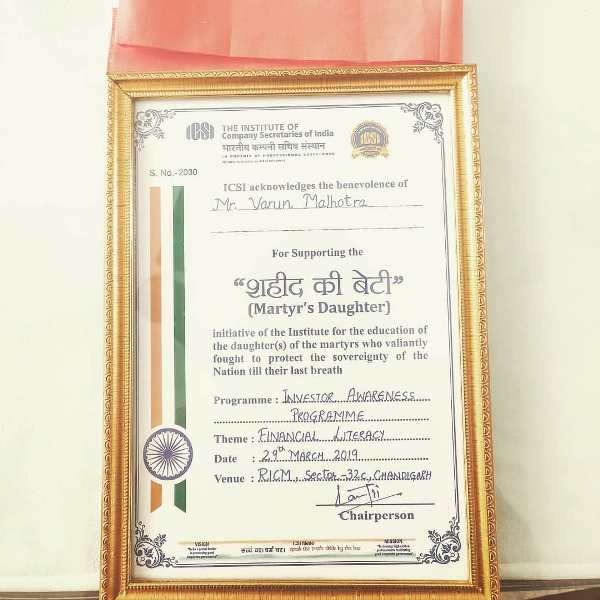 Varun Malhotra's certificate of acknowledgement from ISCI