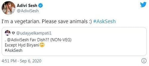 Adivi Sesh's tweet about his food habit