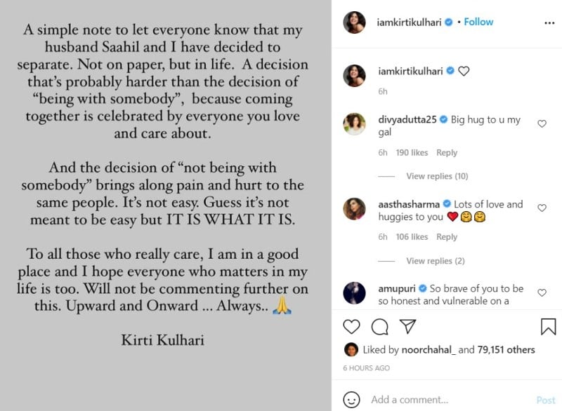 Kirti Kulhari's Instagram post about her separation